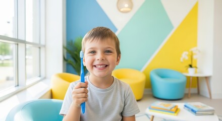 Smiling caucasian young boy with toothbrush in colorful room