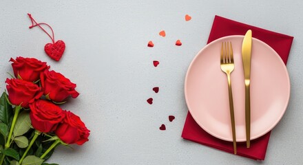 Valentines day table setting with pink plate, gold cutlery, red roses, and heart confetti on a textured background