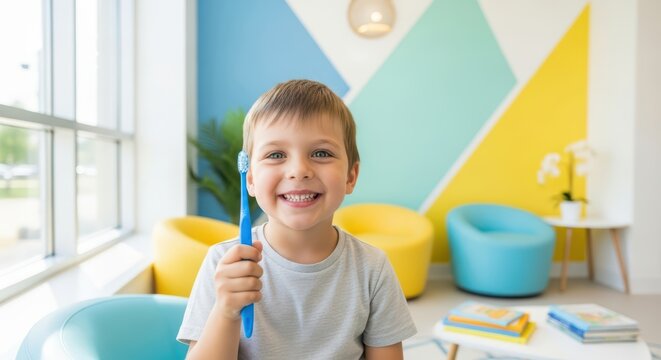 Smiling caucasian young boy with toothbrush in colorful room