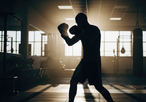 Boxer silhouette training in dark gym shadow | boxing, boxer, fighting, punch, athlete, gloves, training, action, combat sport, strength