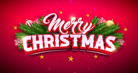 Merry Christmas and Happy New Year Greeting Card Banner with Fir Branch and 3d Typography Lettering on Red Background. Vector Xmas Holiday Season Design with Decoration Elements for Party Flyer