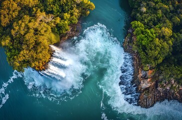 Aerial view of Minnamurra Falls cascading into turquoise water surrounded by lush green forest waterfall