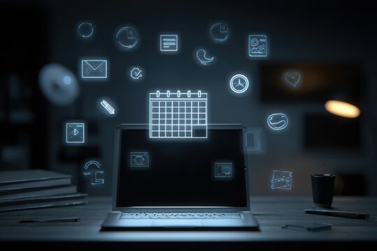 A futuristic workspace featuring a holographic calendar and reminder icons floating above a sleek laptop, illuminated by soft blue lighting, conveying a sense of productivity and focus