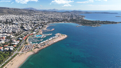 Fototapeta premium Aerial drone photo of famous luxury South area of Glyfada capital's best-known nightclubs, upscale restaurants and shops, Athens Riviera, Attica, Greece