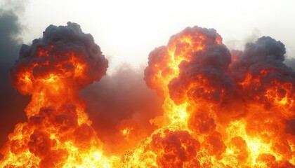 Obraz premium Massive fiery explosion sends dark smoke clouds into bright sky. Intense inferno erupts with bright orange and yellow flames showing destructive power.
