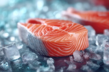 Frozen salmon steak on ice.