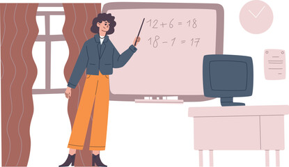 Woman writing formula examples on chalkboard. Math teacher