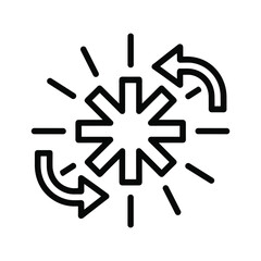Iconic representation of a dynamic process, system update, or continuous cycle with a central starburst and rotating arrows