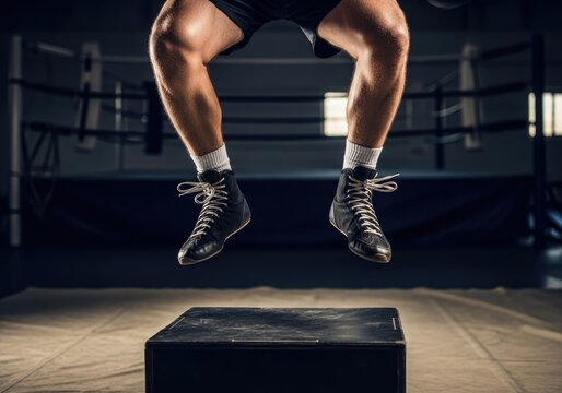 Boxer jumps onto plyo box during workout | boxing, boxer, fighting, punch, athlete, gloves, training, action, combat sport, strength