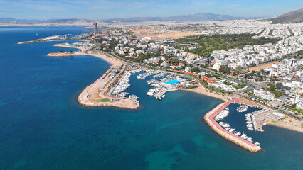Aerial drone photo of famous luxury South area of Glyfada capital's best-known nightclubs, upscale...