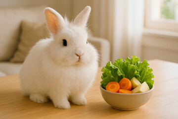 Adorable White Dwarf Rabbit Sitting Next to a Bowl of Fresh Vegetables