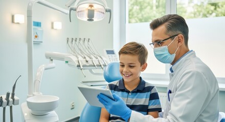 Young caucasian boy at dental check-up with adult male dentist using tablet