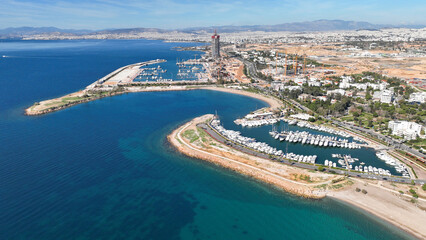 Aerial drone photo of famous luxury South area of Glyfada capital's best-known nightclubs, upscale...