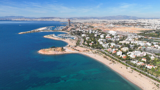 Aerial drone photo of iconic project in development called "The Ellinikon" in coastal waterfornt of glyfada featuring Riviera Tower, Park, Marina and mall facilities, Attica, Greece