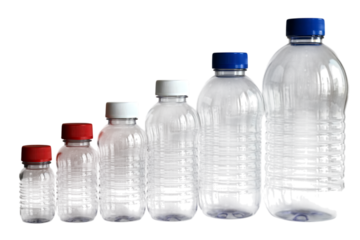 A row of clear glass laboratory bottles with colored caps in ascending size isolated on transparent background