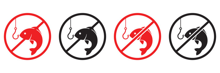 No Fishing Prohibition Sign &ndash; Fish and Hook Ban Symbol Silhouette Vector Icon