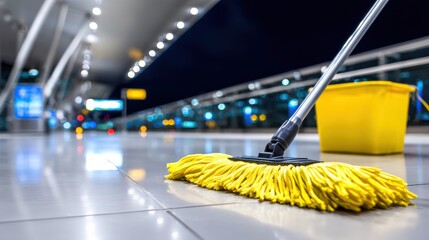 Cleaning a bright airport floor at night using a yellow mop and bucket to ensure a tidy environment for travelers