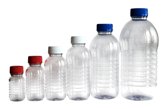 A row of clear glass laboratory bottles with colored caps in ascending size isolated on transparent background