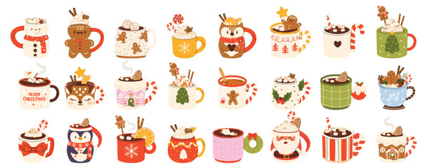Big collection of cute Christmas Mugs in various shapes. Flat cartoon beverages. Сacao with whipped cream, marshmallow and candy cane. Seasonal flavored products, cards for New Year or winter holidays