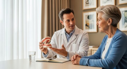 Fototapeta premium Dentist discussing dental care with elderly caucasian female patient