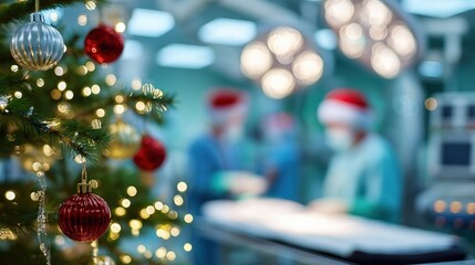 a christmas tree with lights and new year's toys on the table in an operating room of a hospital, with doctors wearing christmas hats working around it. 