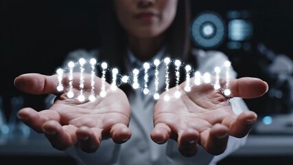 Asian woman scientist forming glowing dna helix in her hands. Genetic research and biotechnology experiment in modern laboratory setting. - Powered by Adobe