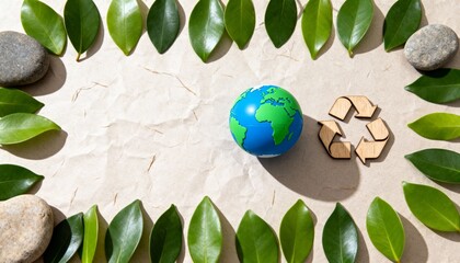 eco-friendly concept with earth globe recycling symbol and green leaves on paper background