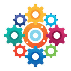 Bright colorful gear icons interconnected, flat vector style, playful mechanical concept on a white background