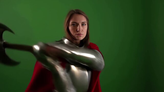 Medieval female knight in shining armor swinging double-headed axe in green screen studio