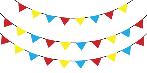 Fototapeta premium Set of multicolored buntings garlands flags isolated on white background. carnival colored garlands and bunting. confetti festive colorful carnival. Carnival garland with flags for festive decoration.