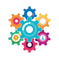 Bright colorful gear icons interconnected, flat vector style, playful mechanical concept on a white background