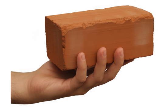 Hand holding a single red clay brick isolated on a transparent background