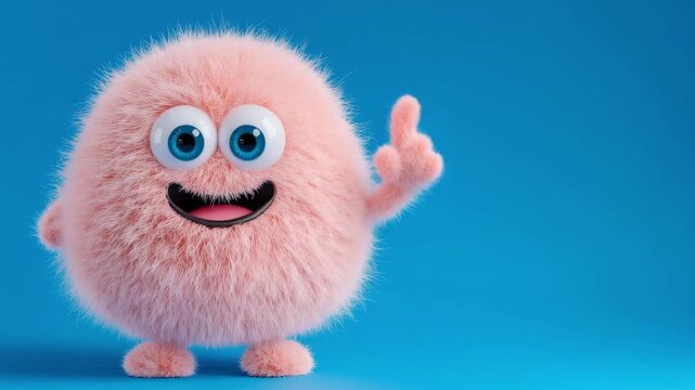 A playful fluffy character with big eyes and a cheerful expression points  finger up against a bright blue backdrop