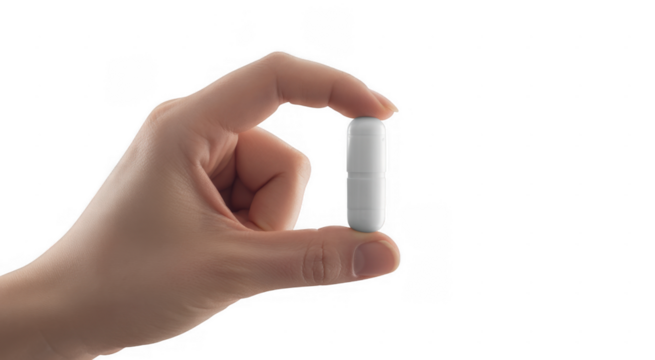Hand holding a white capsule isolated on a transparent background - Powered by Adobe