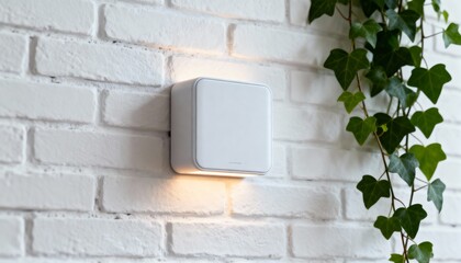 white smart home device on brick wall with green ivy, showcasing modern technology integration