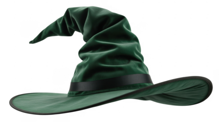 Green velvet wizard hat with black ribbon band isolated on a transparent background