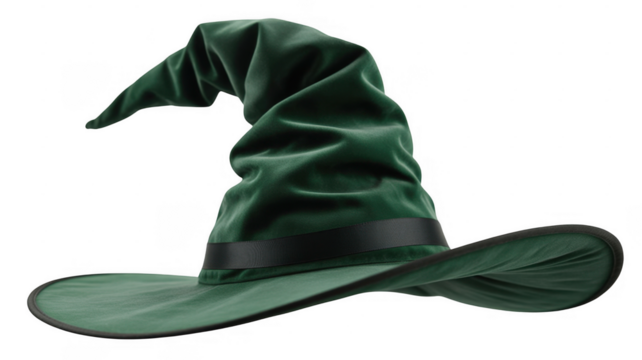 Green velvet wizard hat with black ribbon band isolated on a transparent background