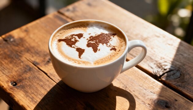 coffee cup with world map foam design on rustic wooden table under warm sunlight - Powered by Adobe