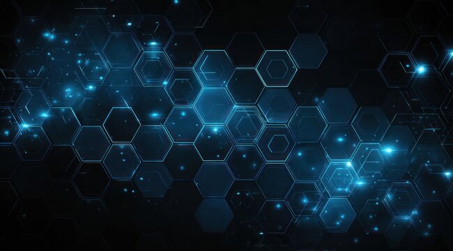 Dark background with glowing blue hexagonal digital grid and light particles.