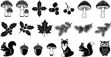 Black and White Forest Icons Vector Set: Fox, Squirrel, Owl, Mushroom, Holly, Maple Leaf, and Acorn Silhouettes for Autumn, Nature, and Animal Design Projects.
