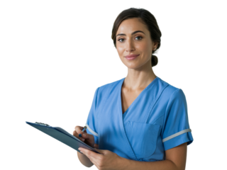 Smiling female nurse in blue scrubs holding clipboard and pen