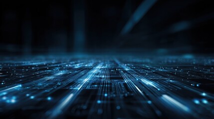 Abstract glowing blue digital circuit board lines receding into darkness.