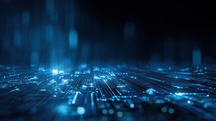 Abstract glowing blue circuits on a dark background with light beams.