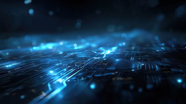 Abstract glowing blue circuit board lines in dark setting