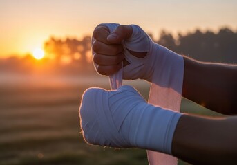 Man wrapping hands in white boxing wraps sun | boxing, boxer, fighting, punch, athlete, gloves, training, action, combat sport, strength