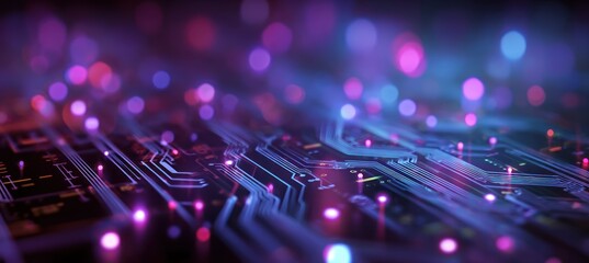 Abstract glowing circuit board with purple and blue lights