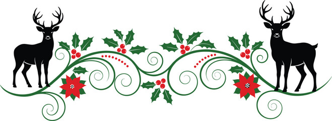 Festive Christmas Border Vector with Reindeer Silhouettes, Holly, Poinsettias, and Green Swirls; Horizontal Holiday Graphic for Cards, Invitations, and Seasonal Decoration Projects.