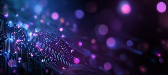 Glowing blue and purple circuit board technology background with bokeh lights.