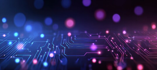 Abstract glowing circuit board with blue and pink lights in darkness.