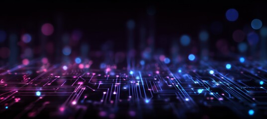 Abstract glowing circuit board with pink and blue lights in darkness.